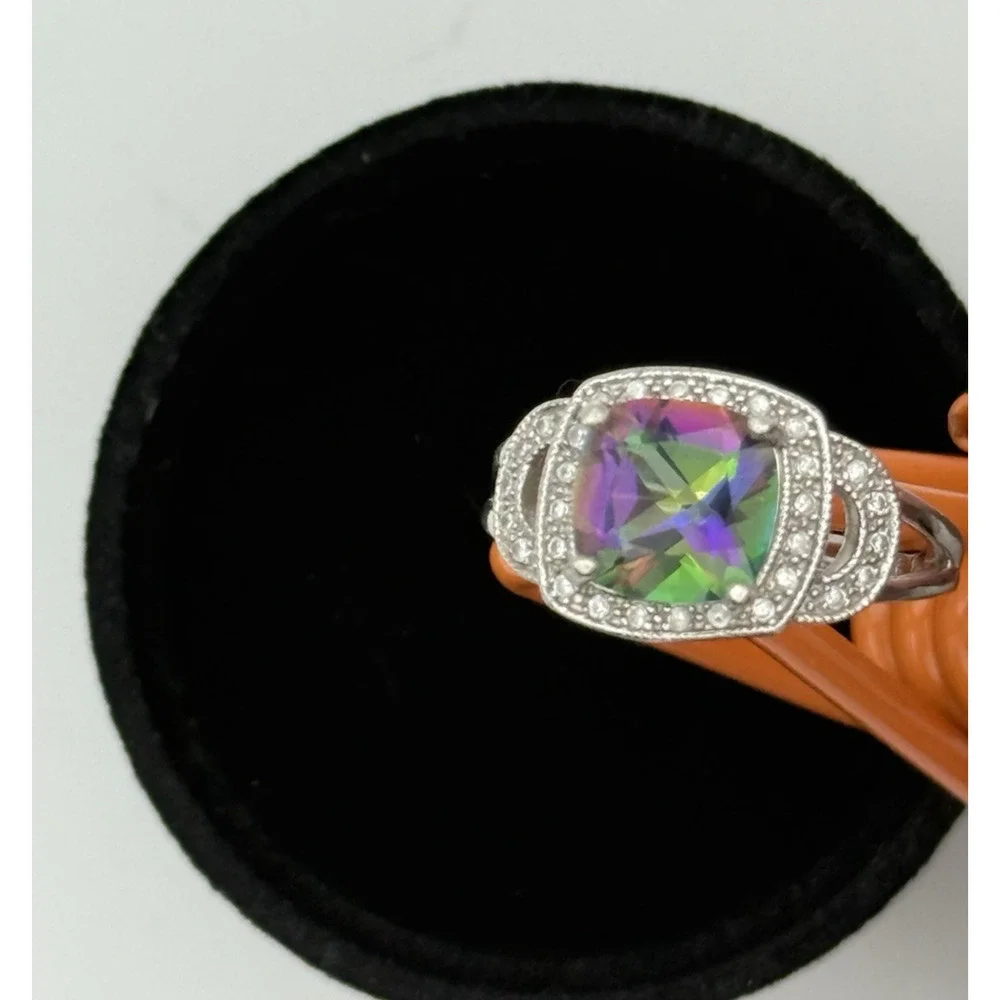 Mystic Topaz Halo Ring Sterling Silver Cushion 9mm Split Shank Sz 8
